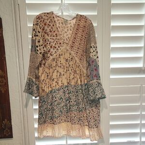 Boho Patchwork Floral Dress. Jaded Gypsy. Cream/Teal/ Blue Multi. Size L/XL.